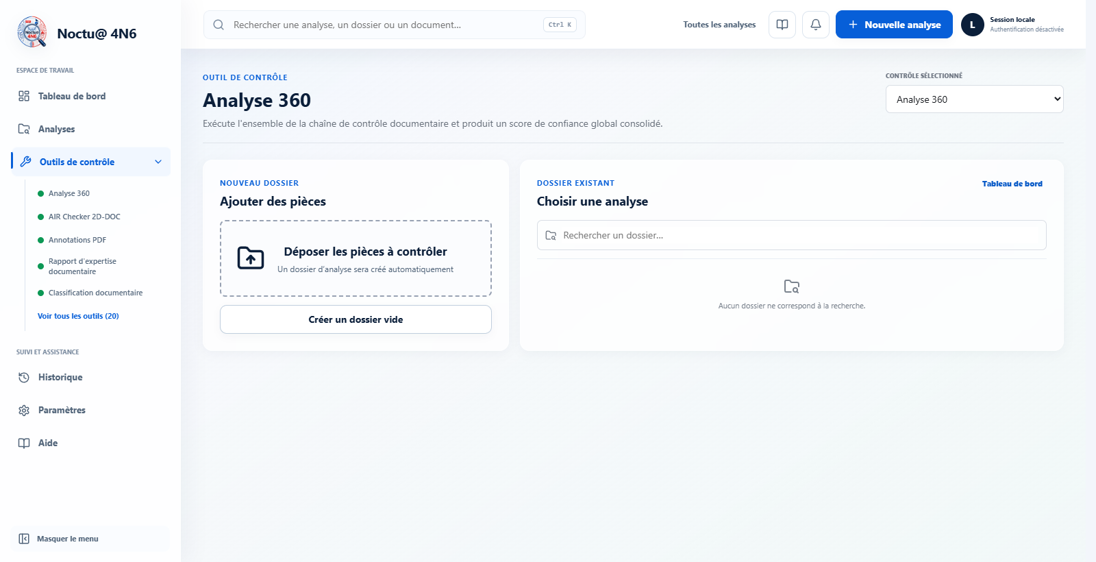 Analyse 360 : ajout des pièces, création et sélection d’un dossier, avec la navigation complète.