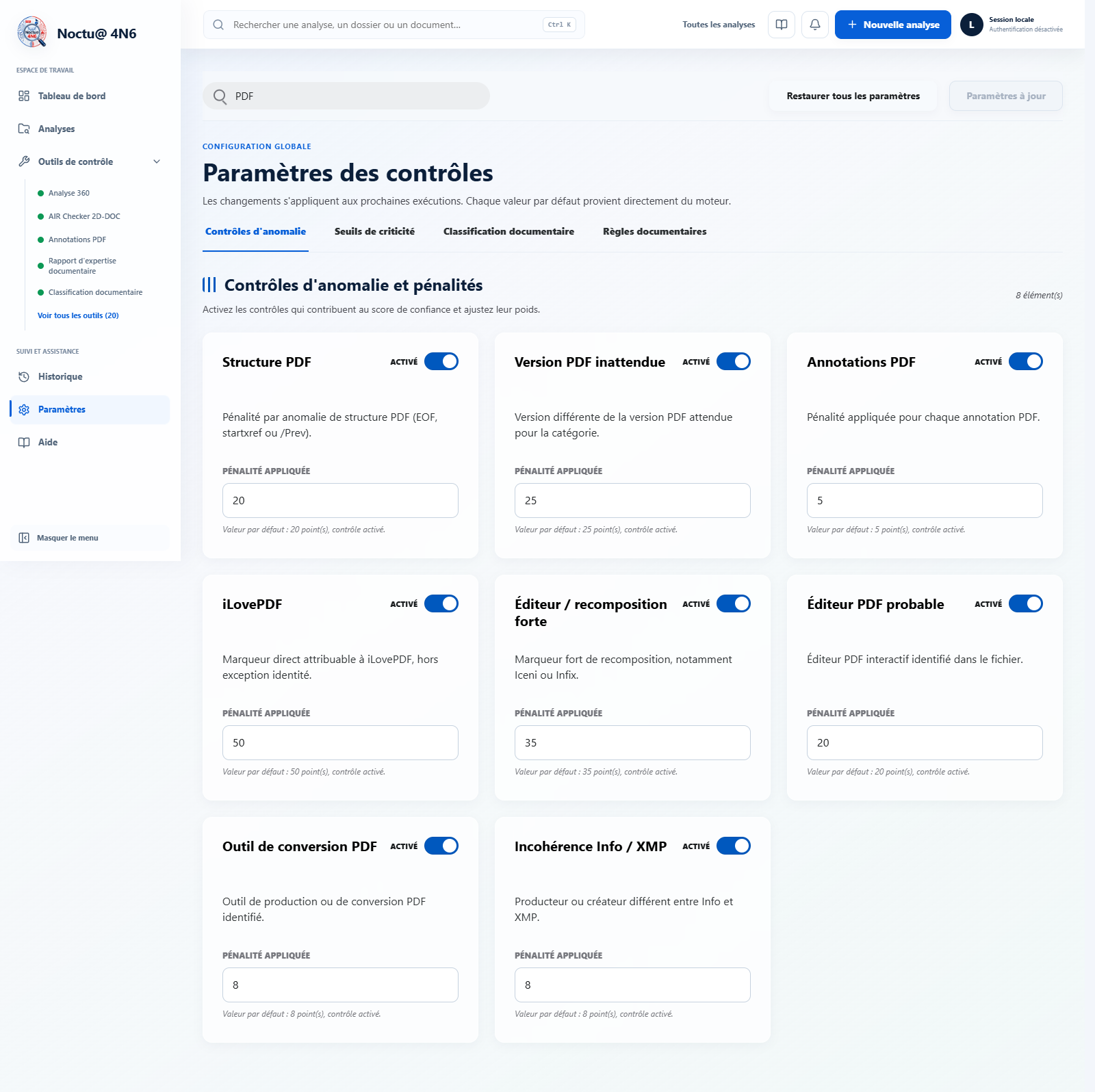 Paramètres des contrôles : huit contrôles PDF avec activation et pénalités personnalisables.