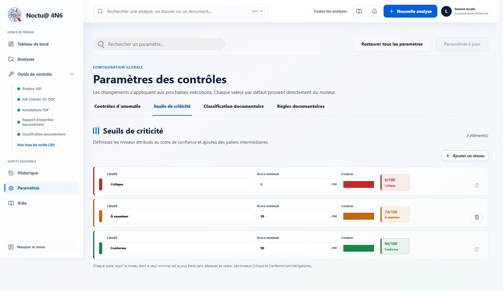 Configuration des seuils de criticité : niveaux, scores minimaux, couleurs et ajout de niveau.
